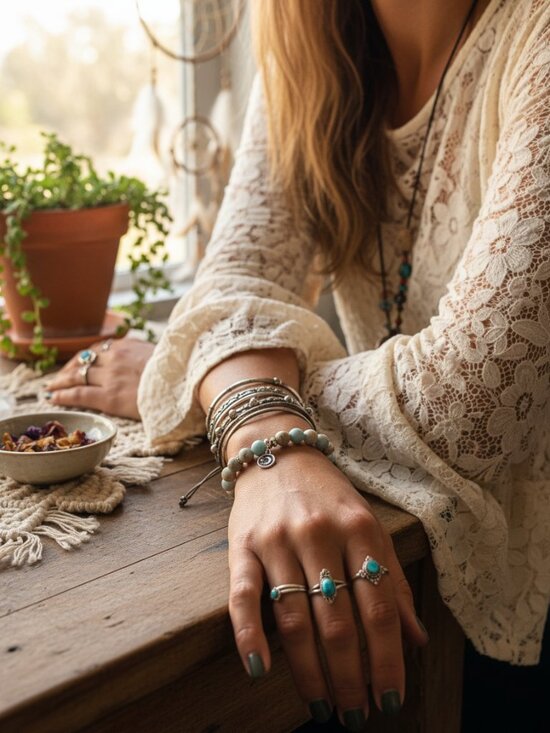 Hand Crafted Jewelry - Boho Celestial Moon & Star Stretch Bead Bracelet - Earthy Blue/Rust
